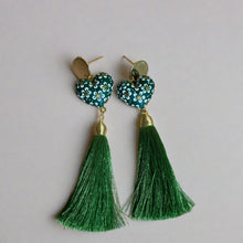 Load image into Gallery viewer, Handpainted Heart Tassel Earrings- Forest Green and White
