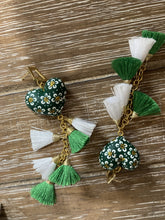 Load image into Gallery viewer, Handpainted Heart Tassel Earrings- Forest Green and White
