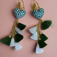 Load image into Gallery viewer, Handpainted Heart Tassel Earrings- Forest Green and White
