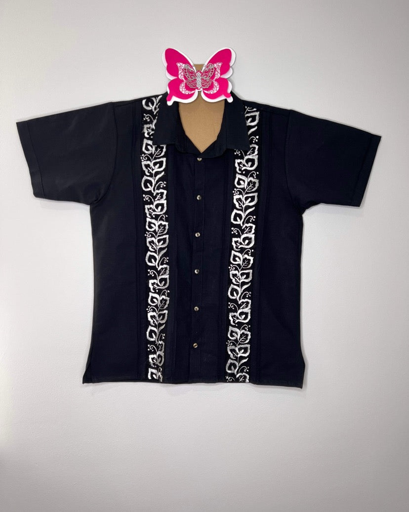 Black Guayabera - Silver Embroidery